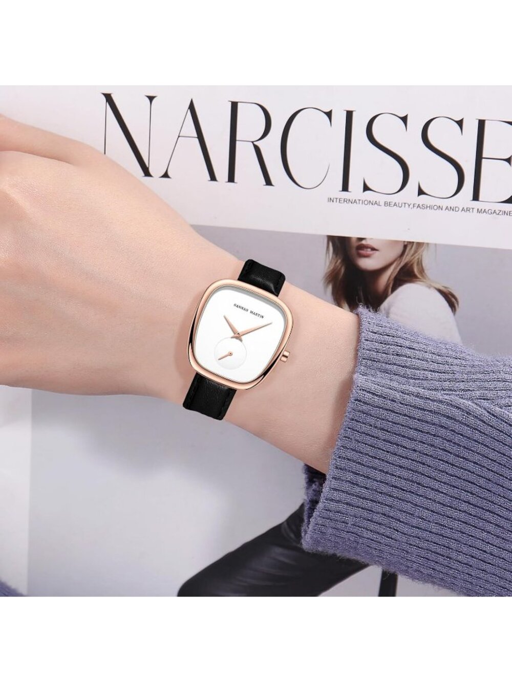 Women's White And Black Analog Leather Band Vintage Rectangular Luxury Watch - Picture 4 of 6